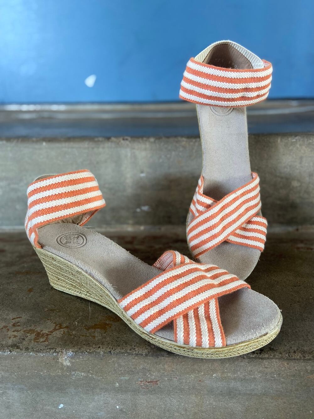 Charleston Shoe Co. Cannon Stripe espadrille wedge sandals with elastic straps